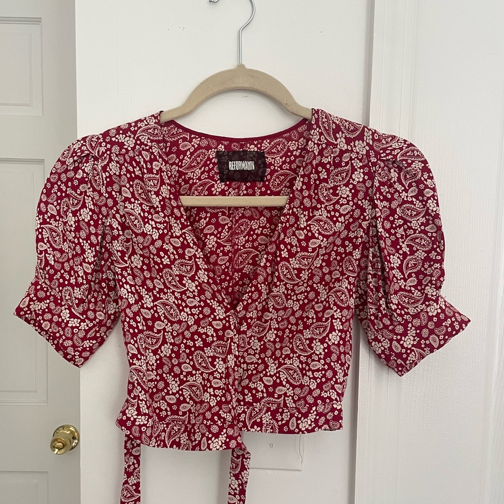 Reformation Red Bandanna Print Wrap Top
